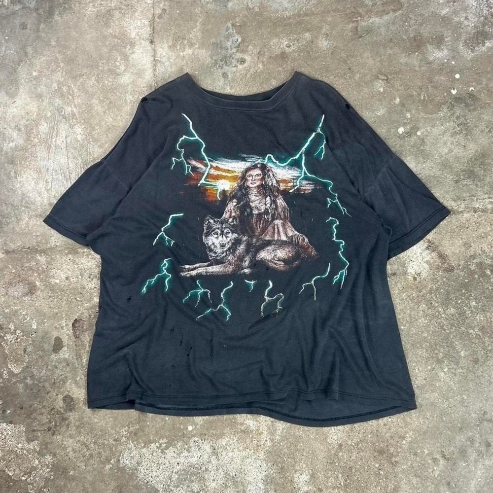Vintage 90s American Thunder Native American Shirt Size XXL Faded Black Thrashed